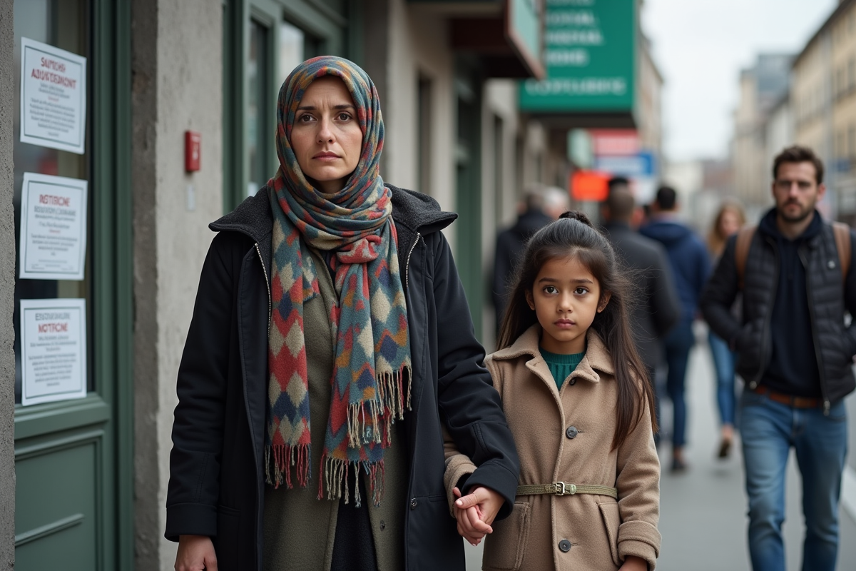 Famille de refugiés devant un bureau d