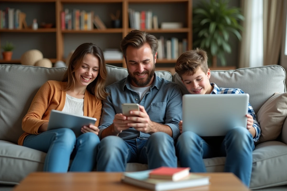 Famille réunie dans le salon utilisant plusieurs appareils numériques pour gérer loisirs et quotidien connecté