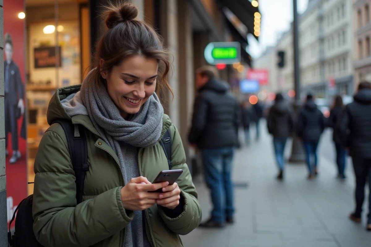 Femme souriante v&eacute;rifiant ses offres de lancement devant un magasin