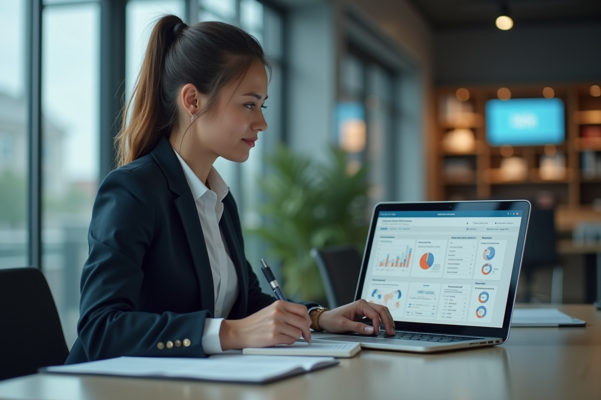 Femme d'affaires utilisant un CRM dans un bureau moderne