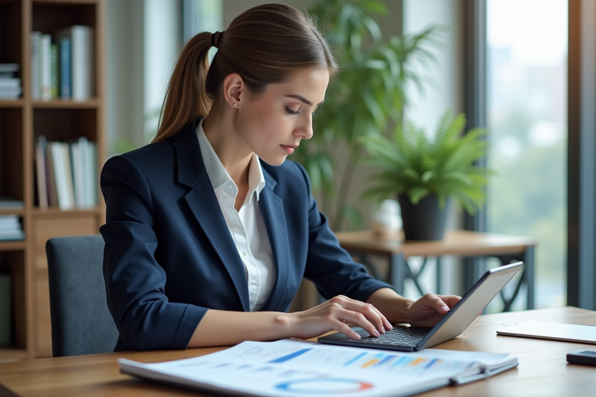Femme d'affaires en costume bleu examinant un portefeuille