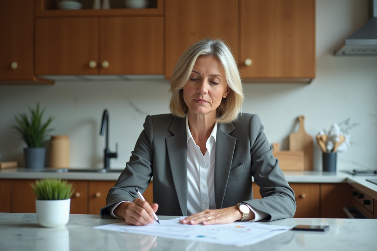 Femme d affaires en tenue professionnelle examine des documents financiers