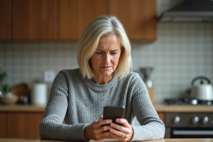 Femme consultant son smartphone avec une expression méfiante face à un appel téléphonique indésirable du numéro 0948008736
