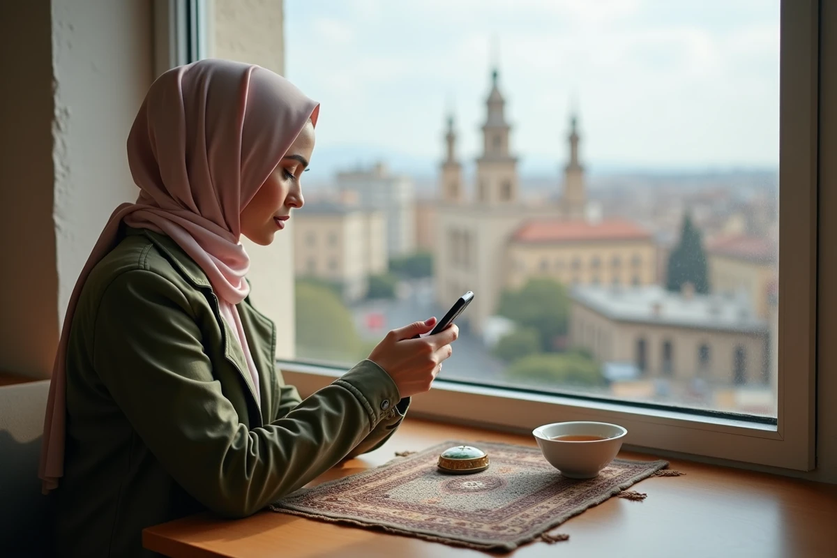 Femme consultant une application de salat sur son bureau avec vue sur les monuments de Valence