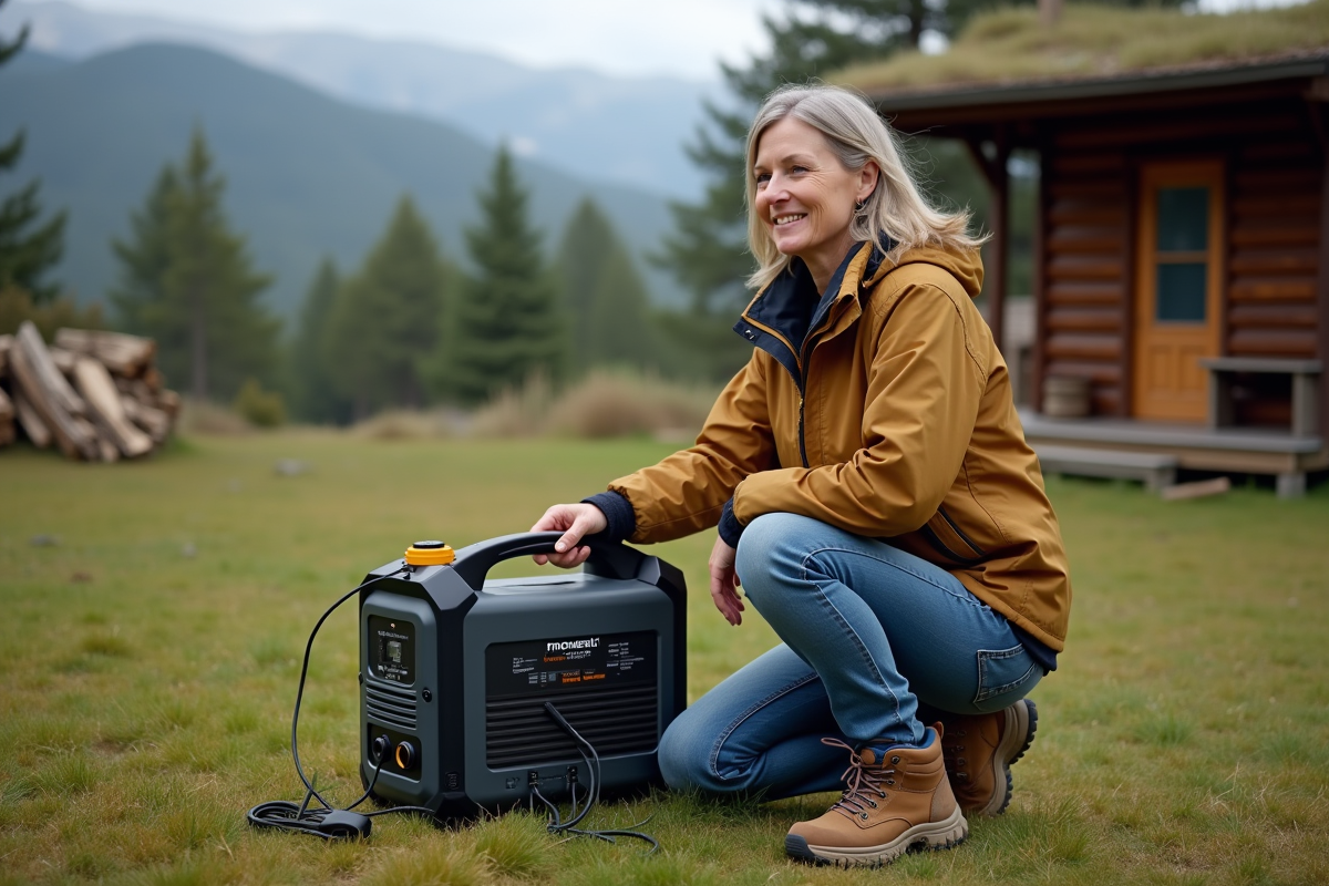 Femme en extérieur près d'un générateur solaire compact