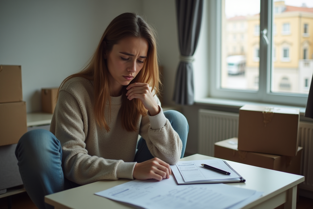 Jeune femme regardant des factures dans un appartement modeste