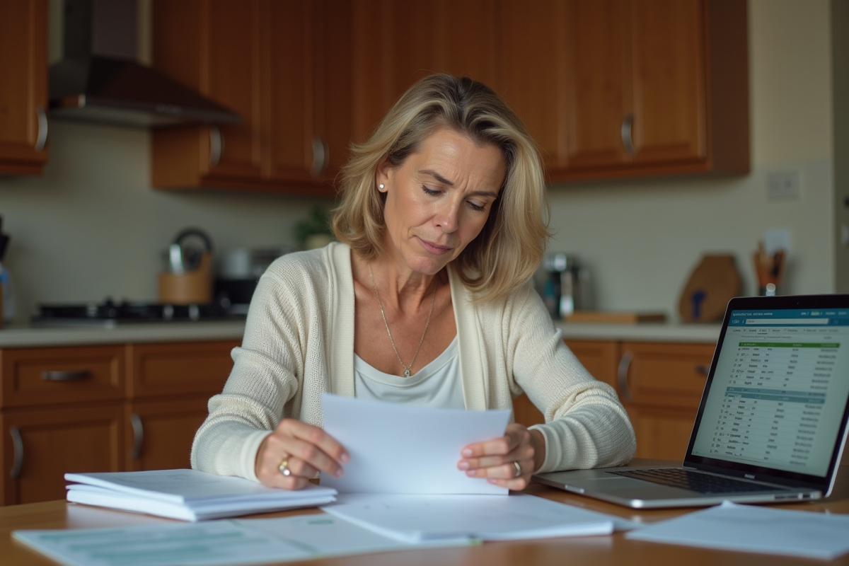 Femme d'âge moyen consulte des factures dans la cuisine