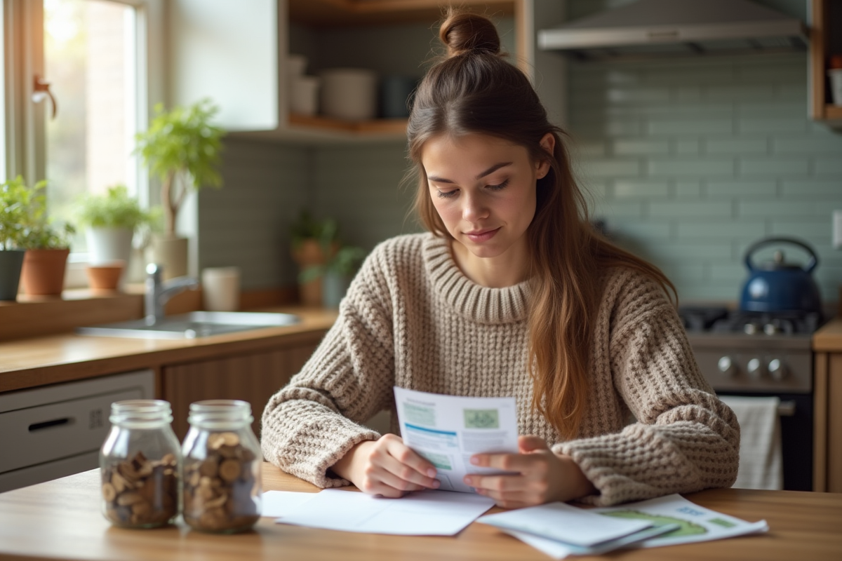 Jeune femme qui examine ses économies dans une cuisine lumineuse