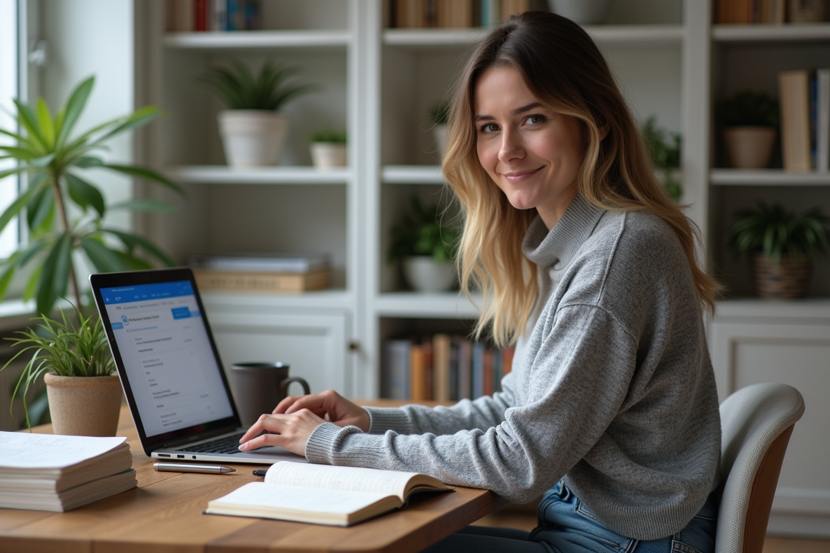 Femme au bureau avec ordinateur et livres pour article