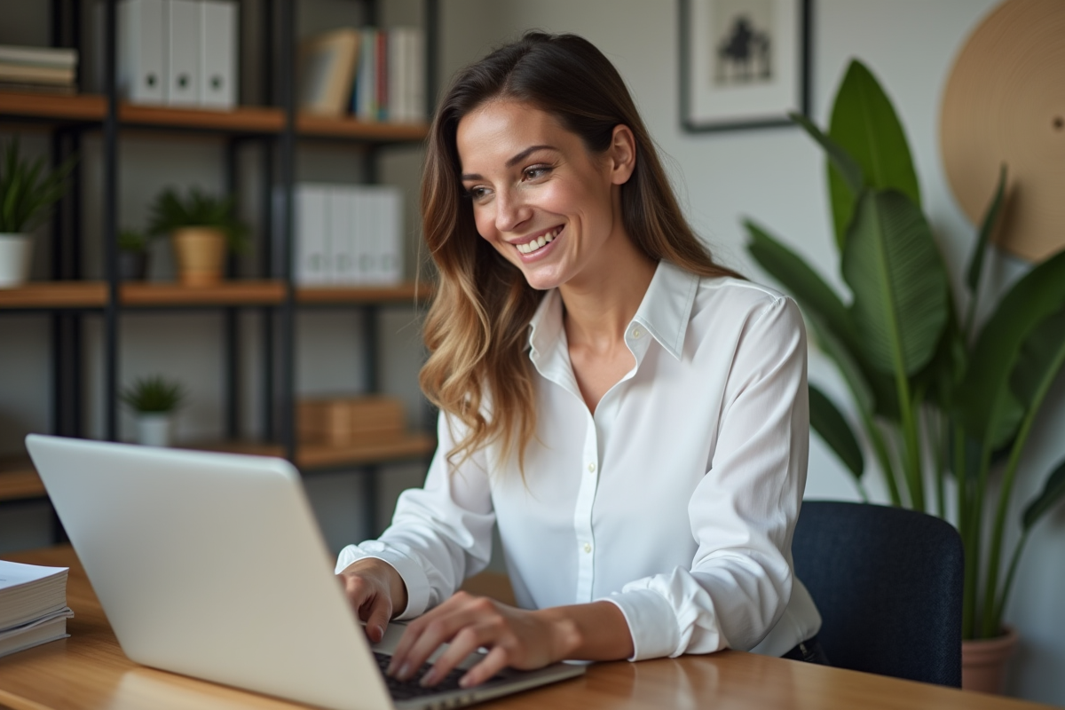 Femme confiante travaillant sur son ordinateur dans un bureau moderne