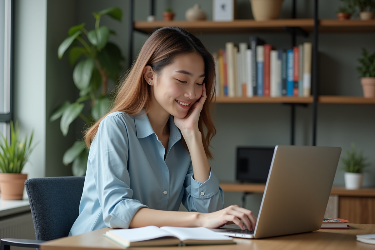 Jeune femme au bureau regardant son ordinateur portable