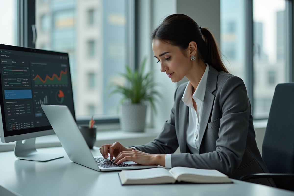 Femme d'affaires au bureau travaillant sur son ordinateur