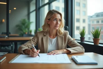 Femme d'âge moyen organisant ses papiers dans un bureau moderne