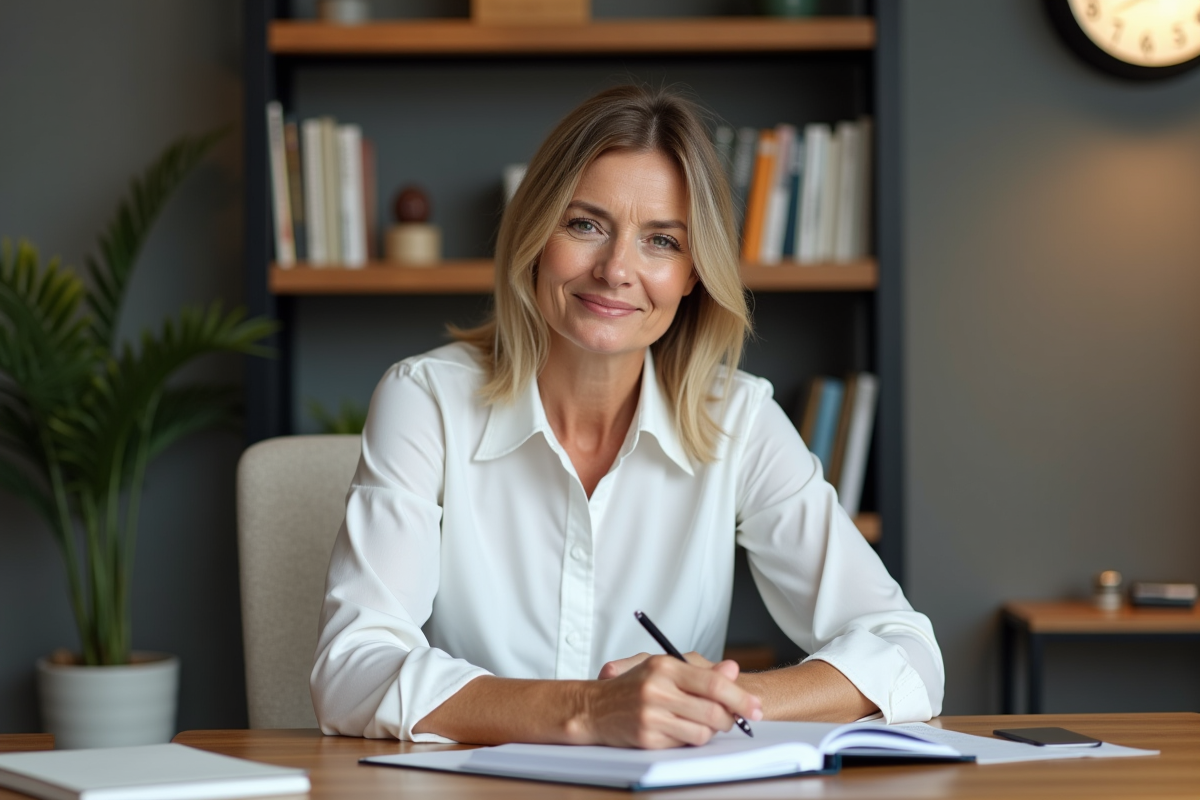 Femme au bureau prenant des notes dans un planner