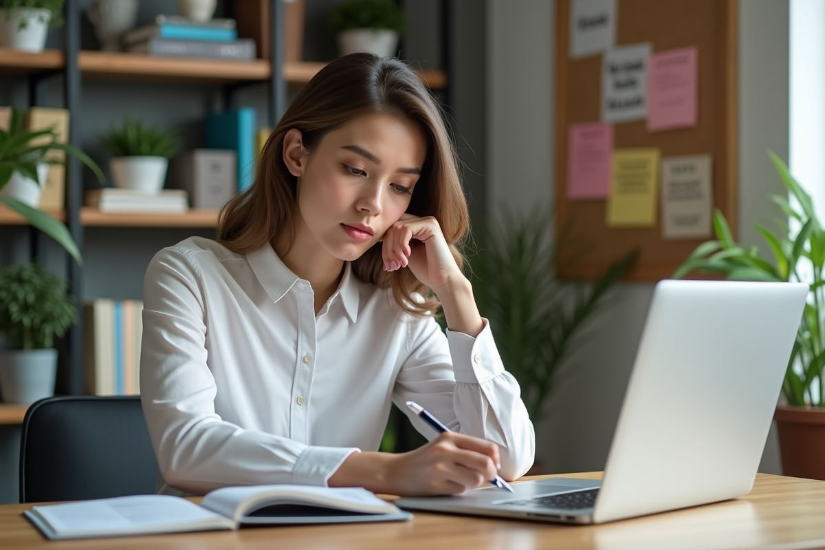 Jeune femme au bureau organisée en pleine réflexion
