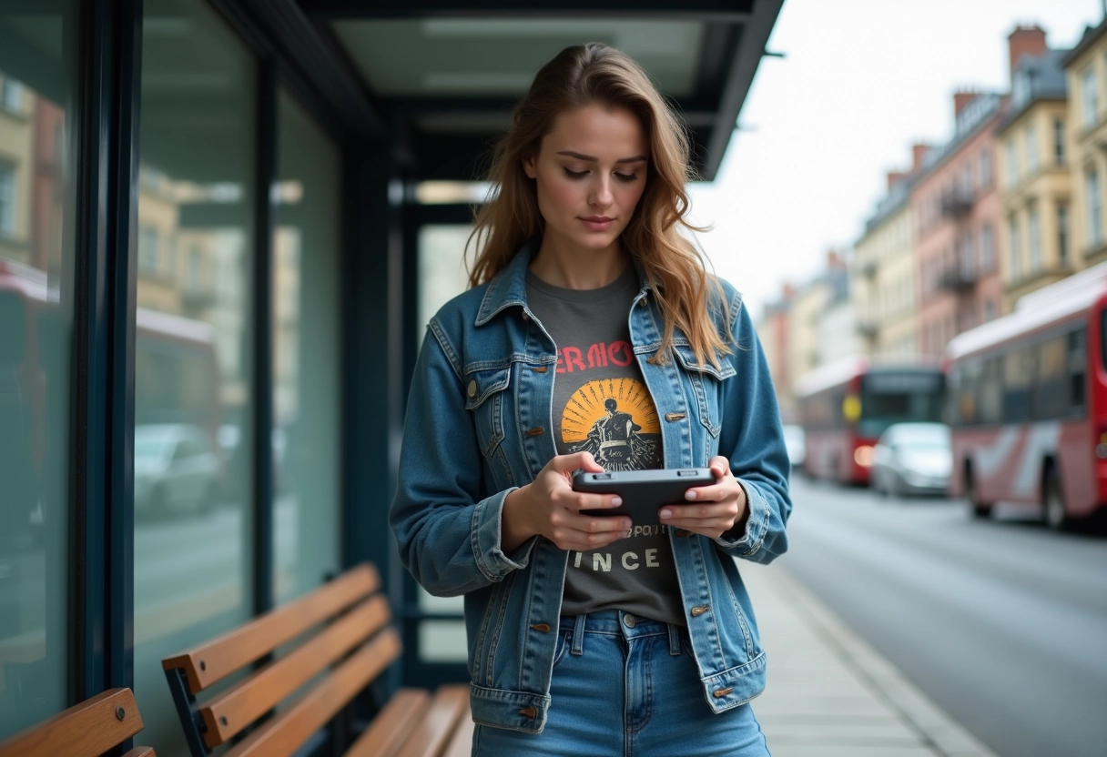 Femme au bus jouant à une console retrogaming en extérieur