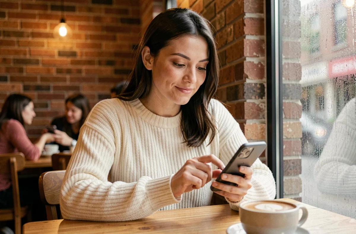 Femme pensive dans un café regardant son téléphone avec une expression nostalgique, hésitant à envoyer un message à quelqu'un qui lui manque