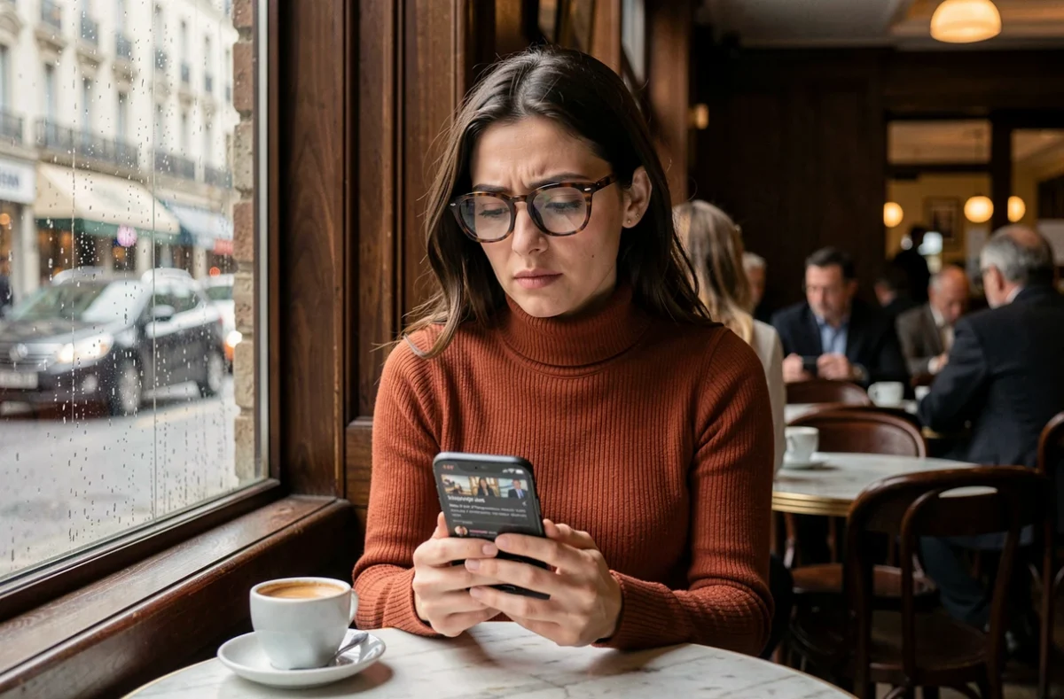 Femme seule dans un café parisien regardant un contenu Netflix sur son téléphone, ambiance contemplative et mélancolique