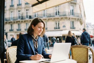 Femme en blazer à Paris sur une terrasse de café