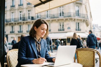 Femme en blazer &agrave; Paris sur une terrasse de caf&eacute;