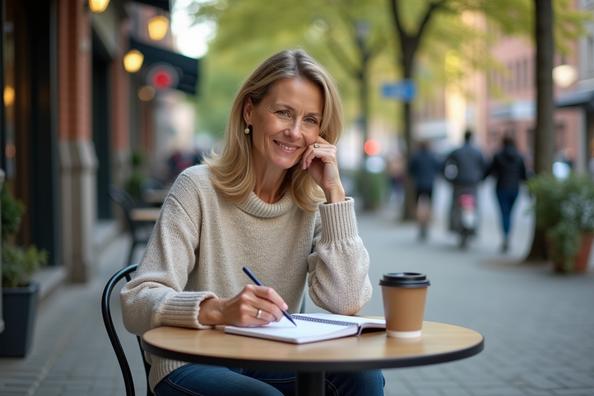 Femme écrivant dans un café en ville avec ambiance urbaine