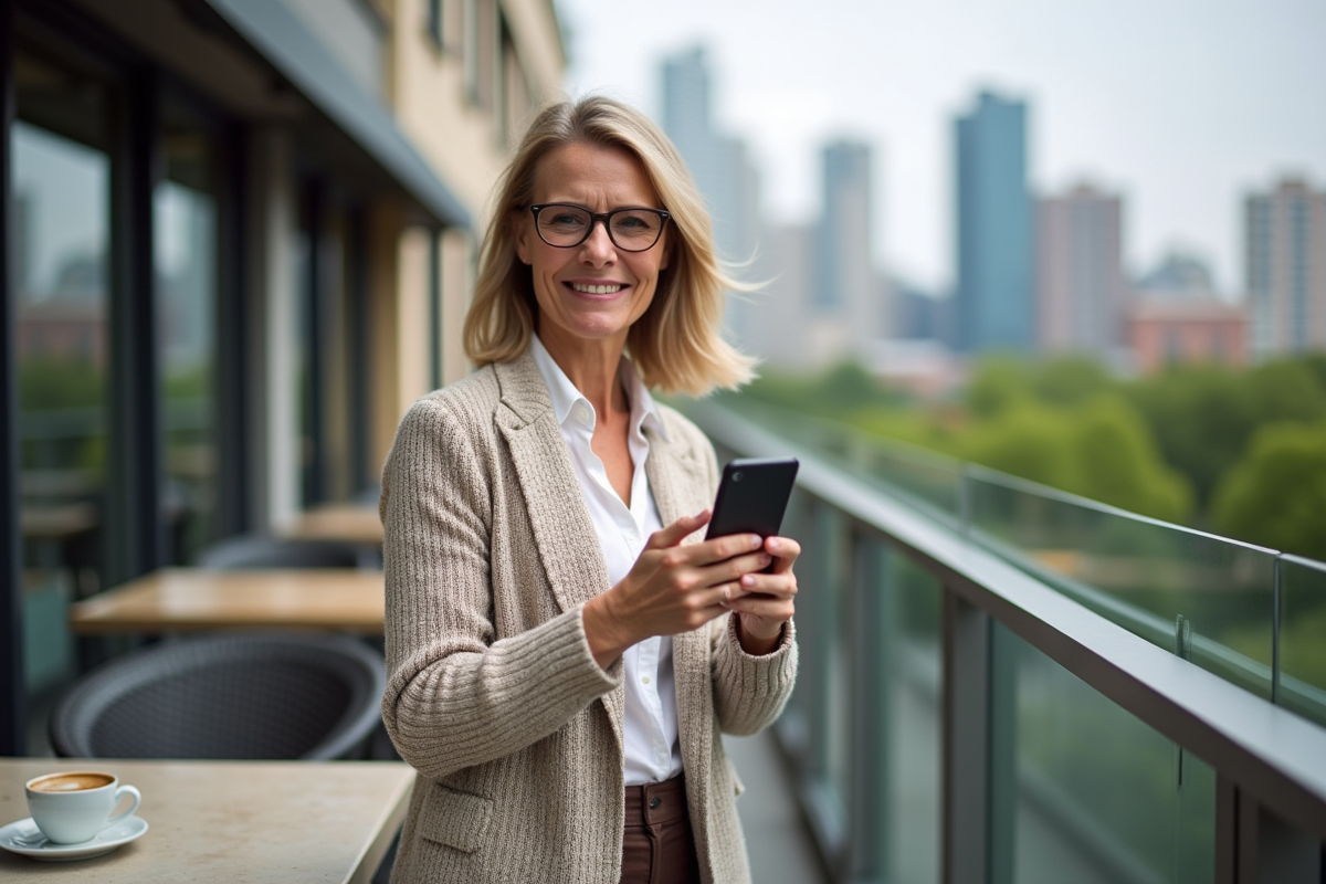 Femme souriante avec smartphone dans un café en ville
