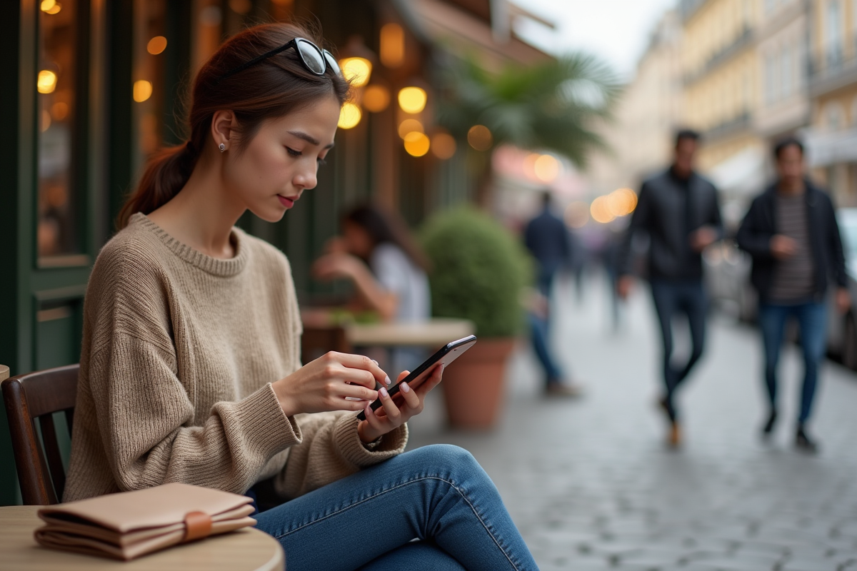 Jeune femme au café en plein air avec téléphone et sacs
