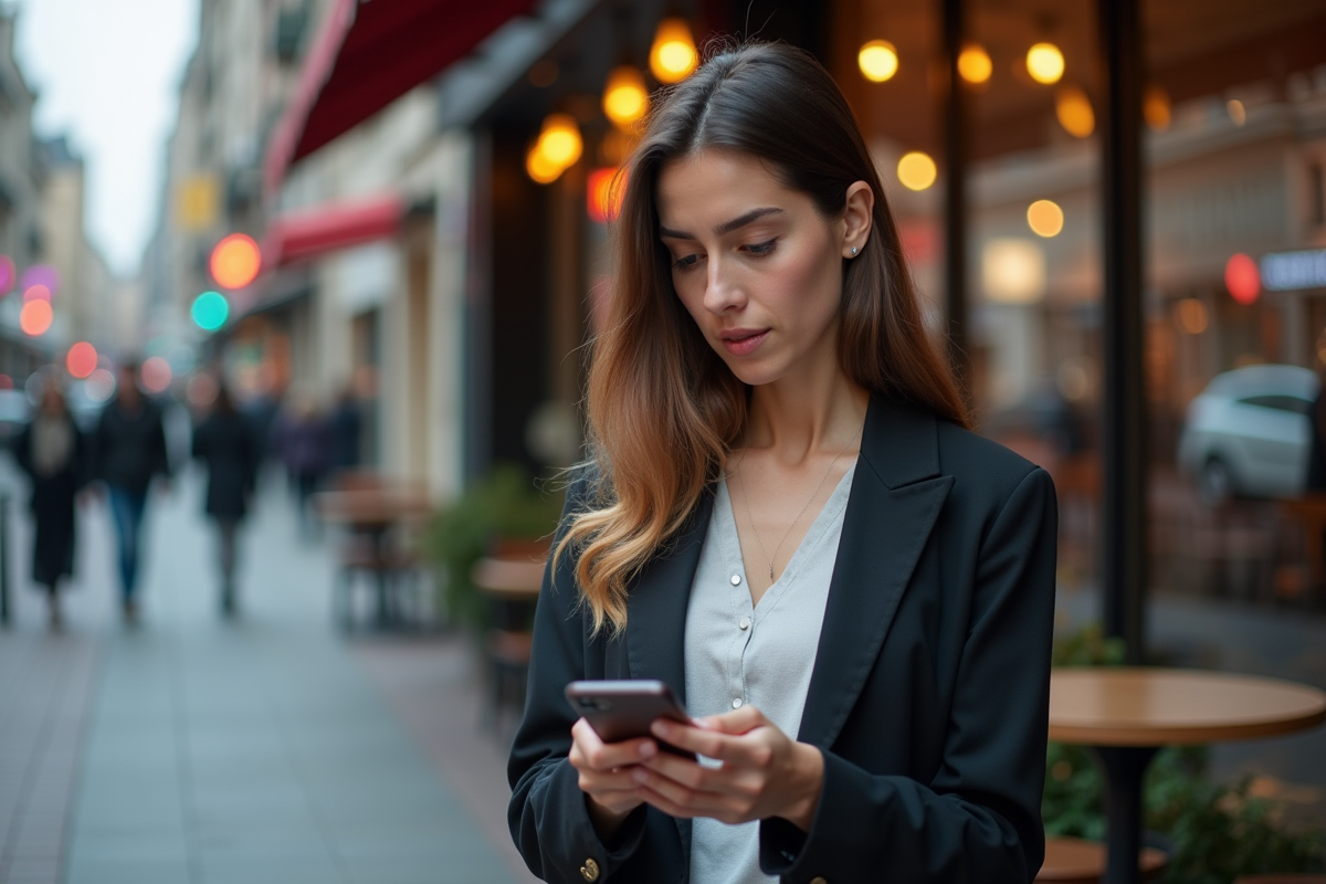 Femme en ville face à un message VPN bloqué sur son smartphone