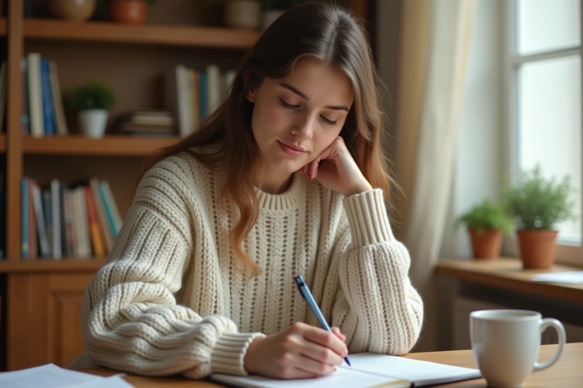 Jeune femme consultant un cahier de grammaire française avec les conjugaisons du verbe attendre
