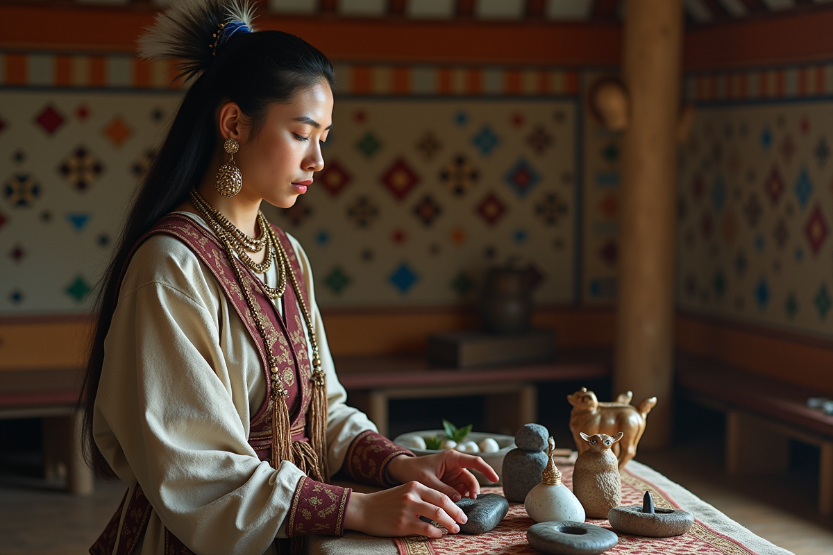 Femme chaman dans un yurt arrangeant des objets symboliques