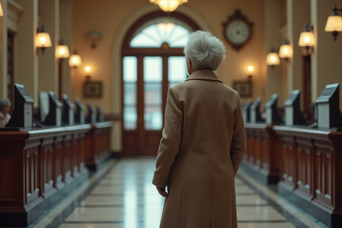Femme agee dans le hall d une banque traditionnelle anxieuse