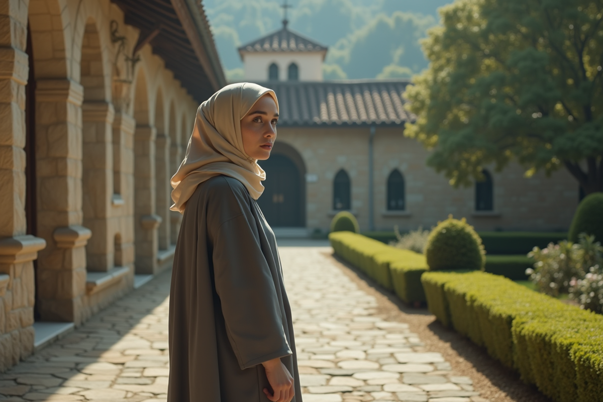 Jeune femme dans un cloître serein avec jardin et chapelle
