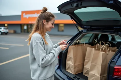 Femme utilisant un code promo Carrefour Drive sur son smartphone lors d'un retrait de courses en drive