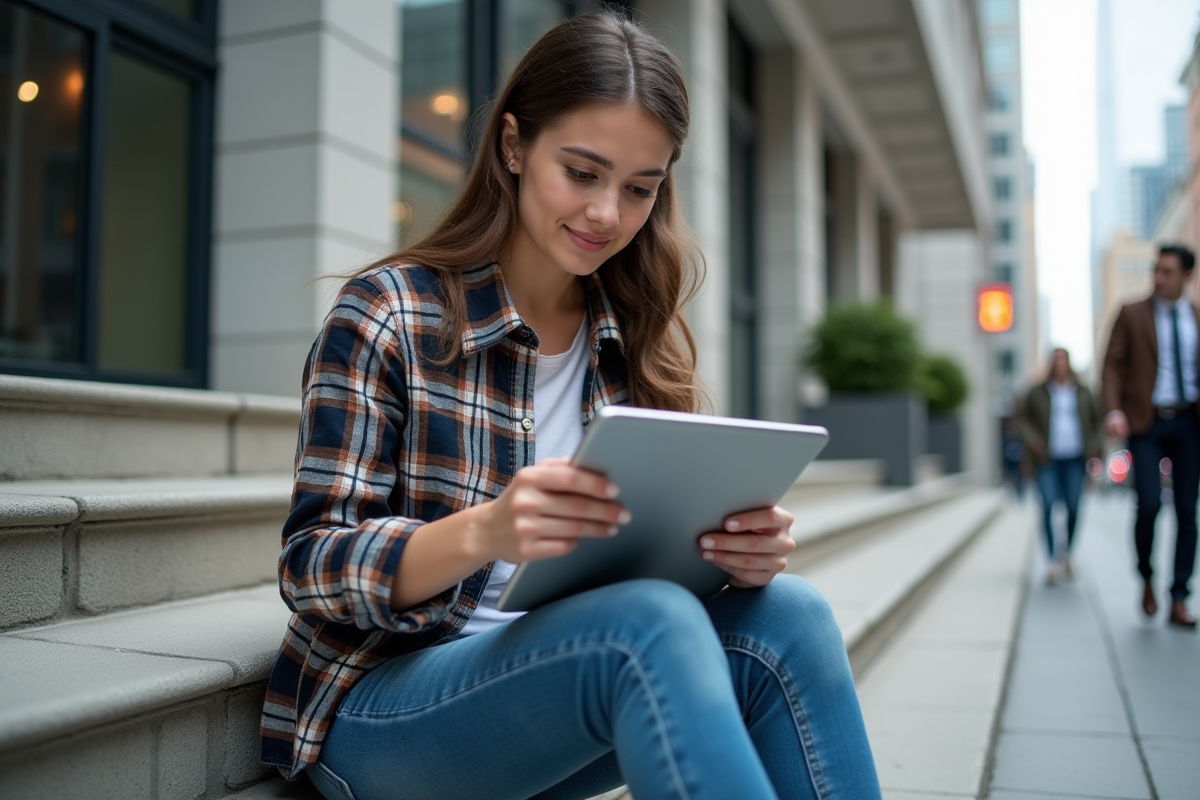 Femme analysant du code sur une tablette en extérieur urbaine