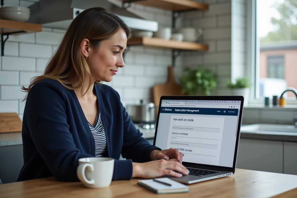 Femme consultant des codes de réduction pour abonnement Canal Plus sur un ordinateur portable dans une cuisine