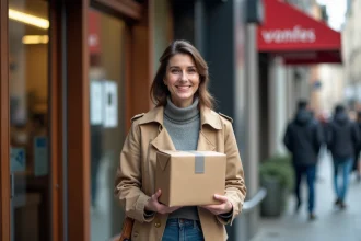 Femme souriante avec colis Vinted devant bureau de poste