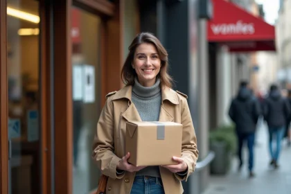 Femme souriante avec colis Vinted devant bureau de poste
