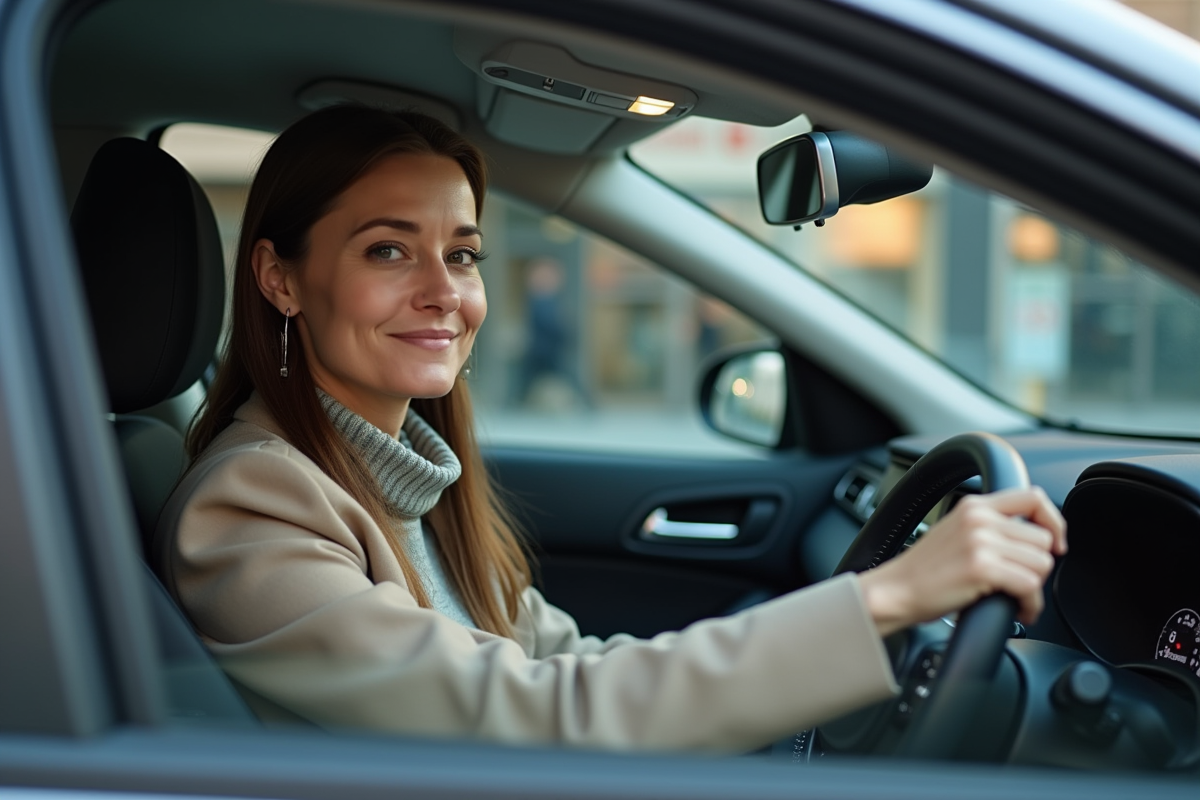 Femme détendue dans une voiture urbaine moderne