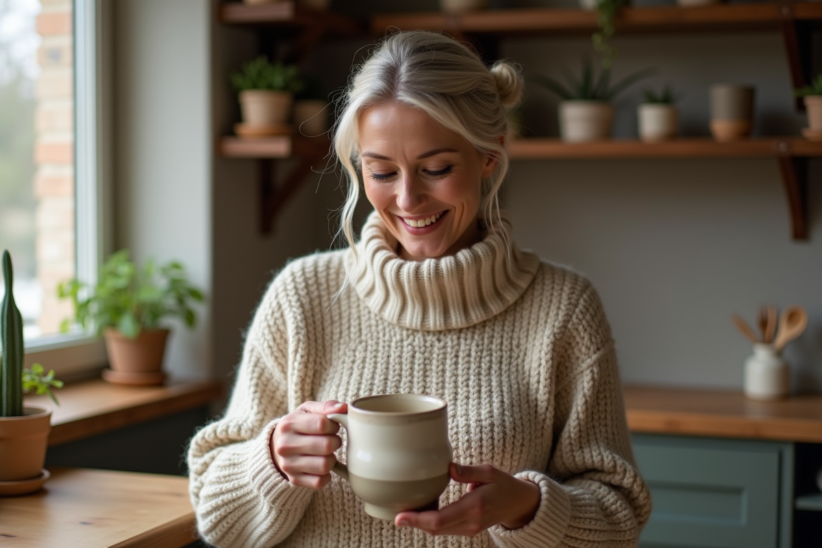 Femme souriante tenant une tasse en céramique artisanale