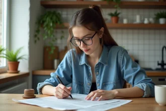 Jeune femme en cuisine remplissant un mots croises
