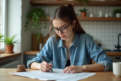 Jeune femme en cuisine remplissant un mots croises