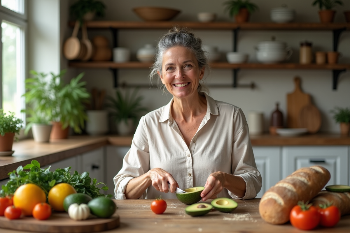 Femme souriante préparant un avocat dans une cuisine chaleureuse