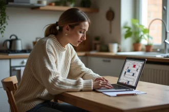 Femme concentrée sur un puzzle dans une cuisine cosy