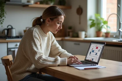 Femme concentr&eacute;e sur un puzzle dans une cuisine cosy