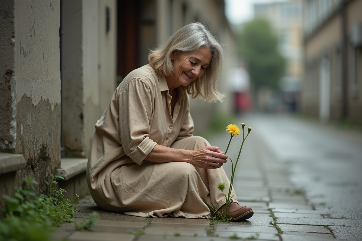 Femme en robe lin tenant une dent-de-lion dans une ville