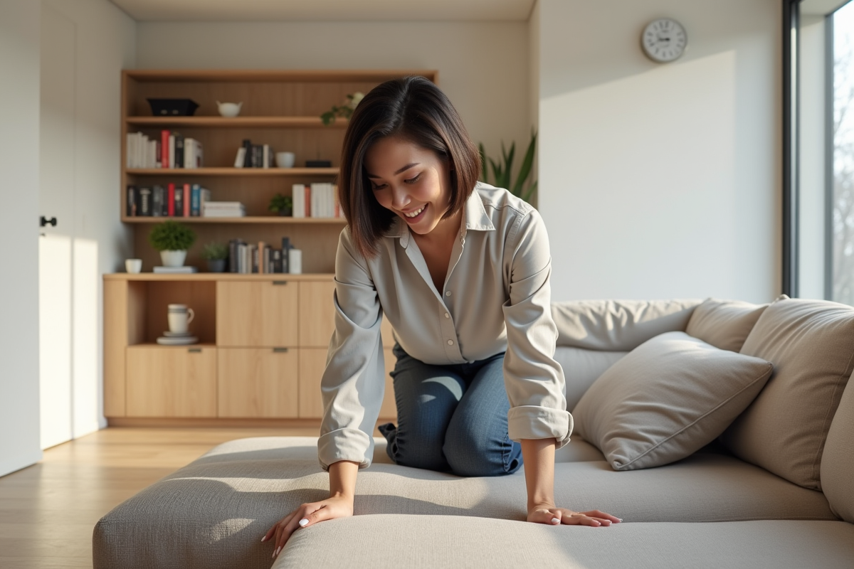 Femme en intérieur moderne arrangeant des meubles minimalistes