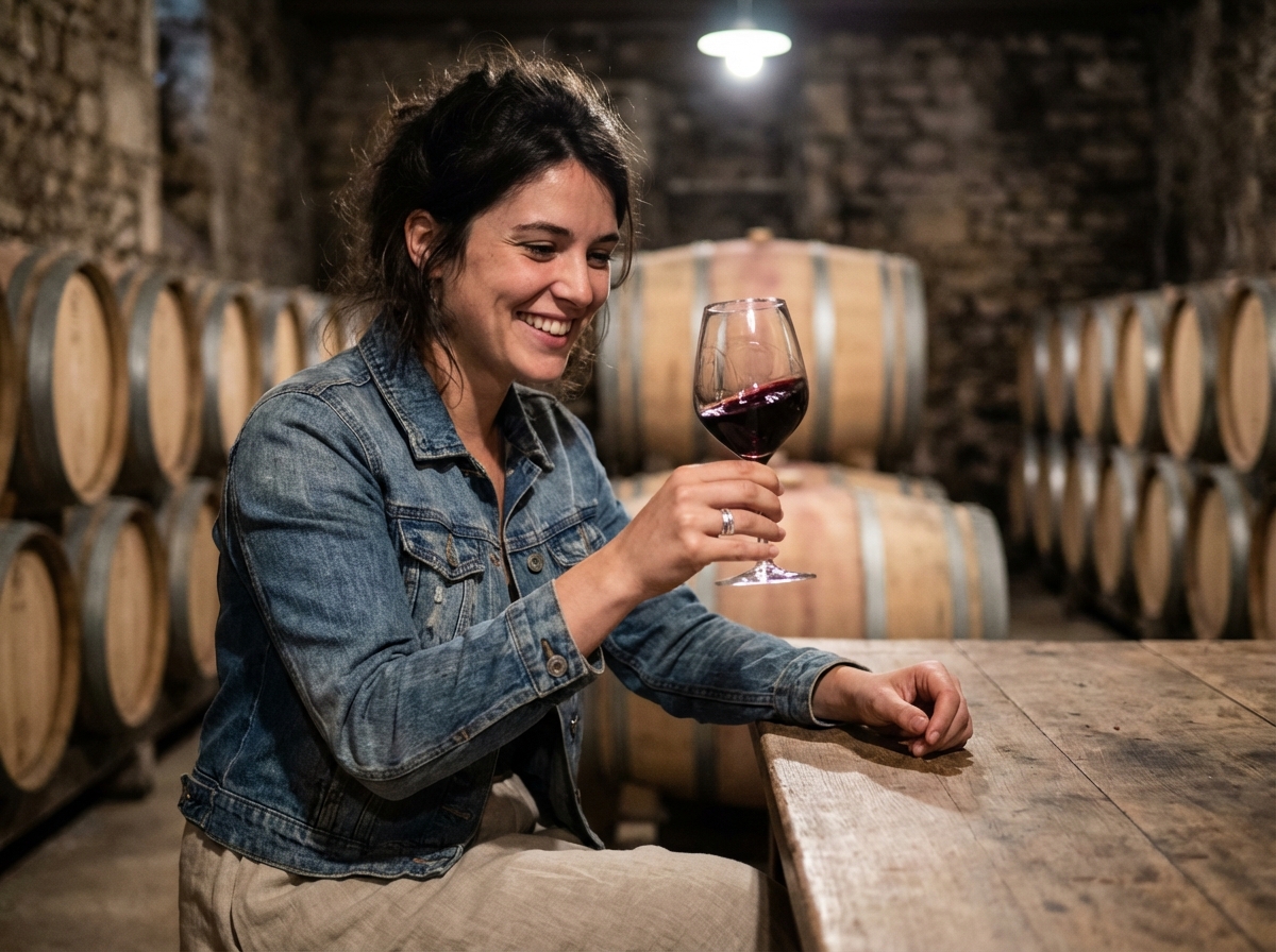 Jeune femme dégustant du vin dans une cave à Bordeaux