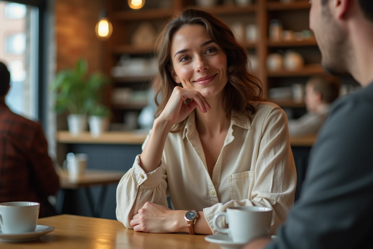 Femme attentive écoutant activement son interlocuteur dans un café, illustrant la différence entre écouter et entendre