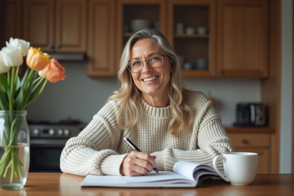 Femme souriante écrivant dans un journal à la maison