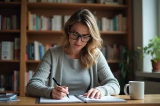 Femme concentrée écrivant dans un cahier avec un stylo plume dans un bureau à domicile entouré de livres de grammaire française
